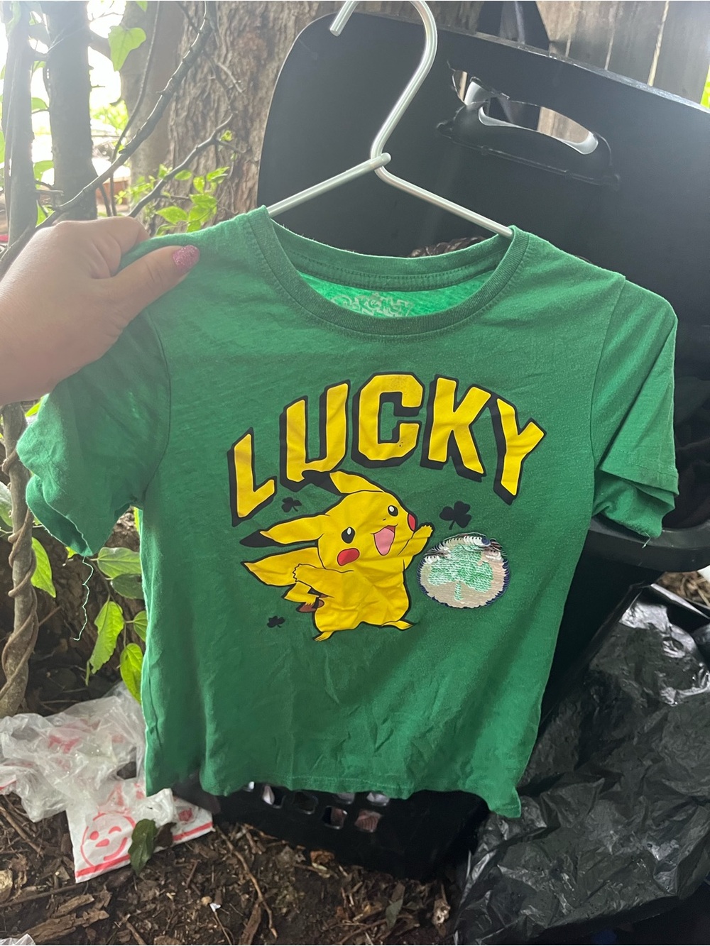Pokemon Green Tee with Yellow Pikachu 'Lucky' Graphic